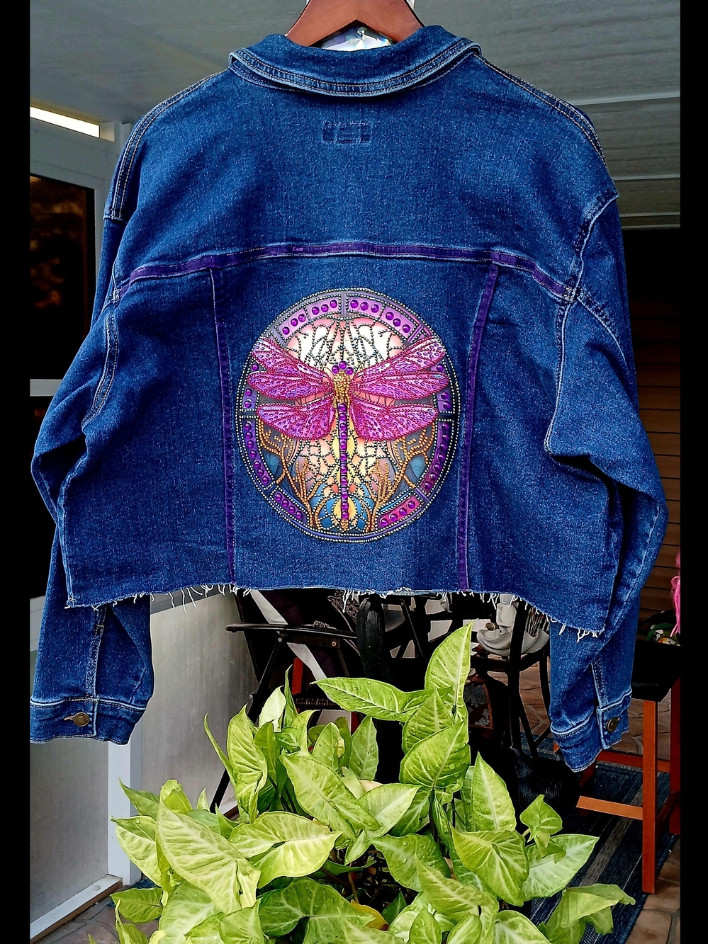 Women's Dark Blue Denim Jacket with Pink Dragonfly Embroidery